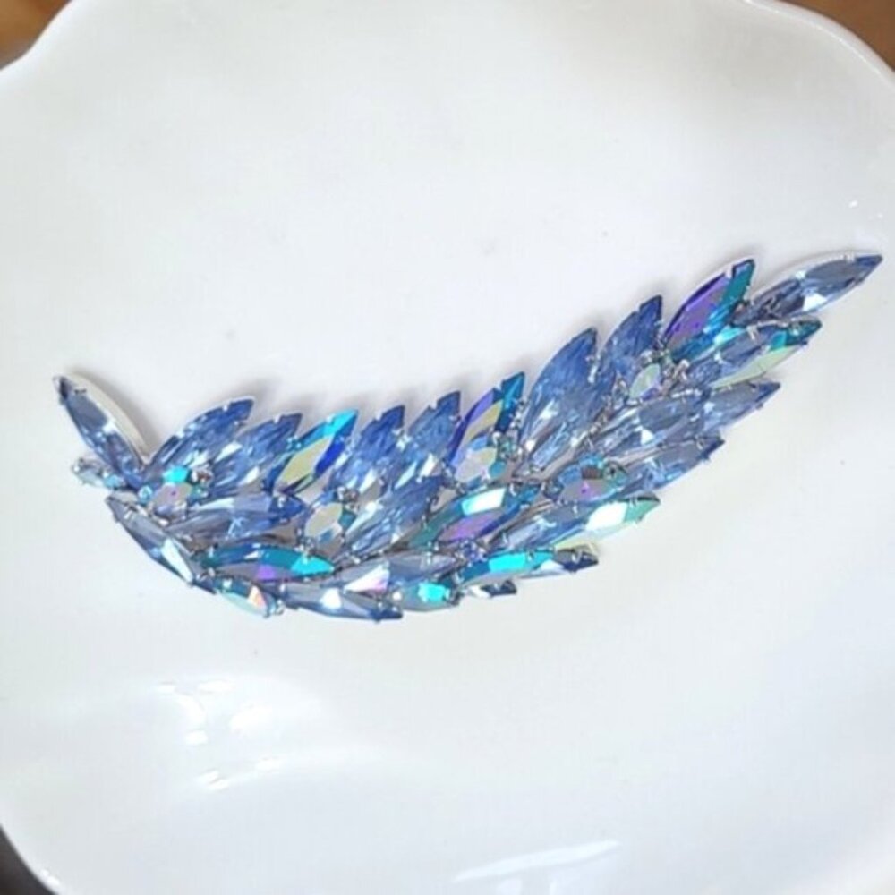 Sherman Massive Huge Vintage Estate Silver Blue Crystal Leaf Feather Brooch